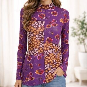 LOGO Layers Lori Goldstein Purple Patchwork Print Sheer Mesh Top XXS Long Sleeve